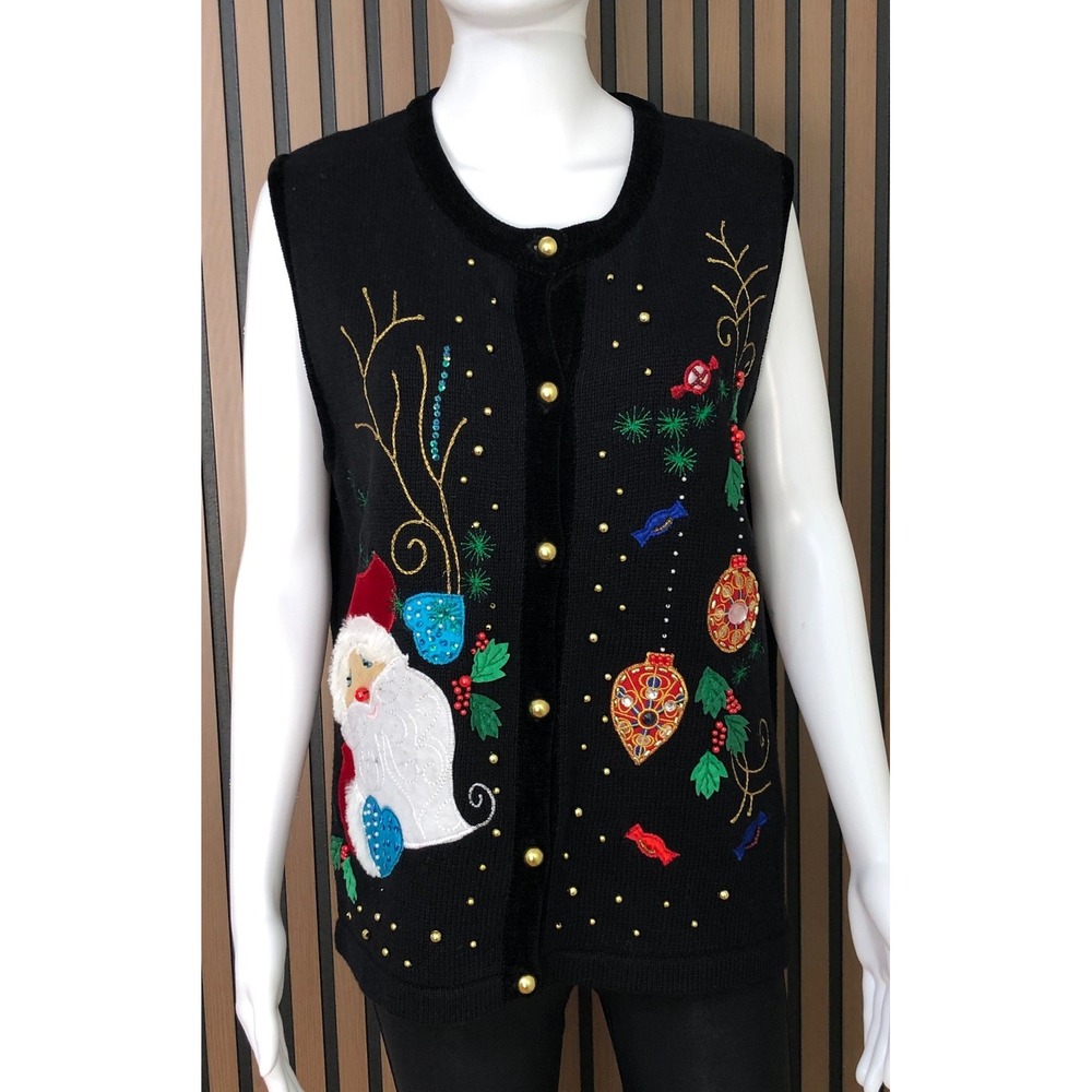 Lisa International‎ Women's Christmas Vest Sweater L Knit Vintage Black Santa
